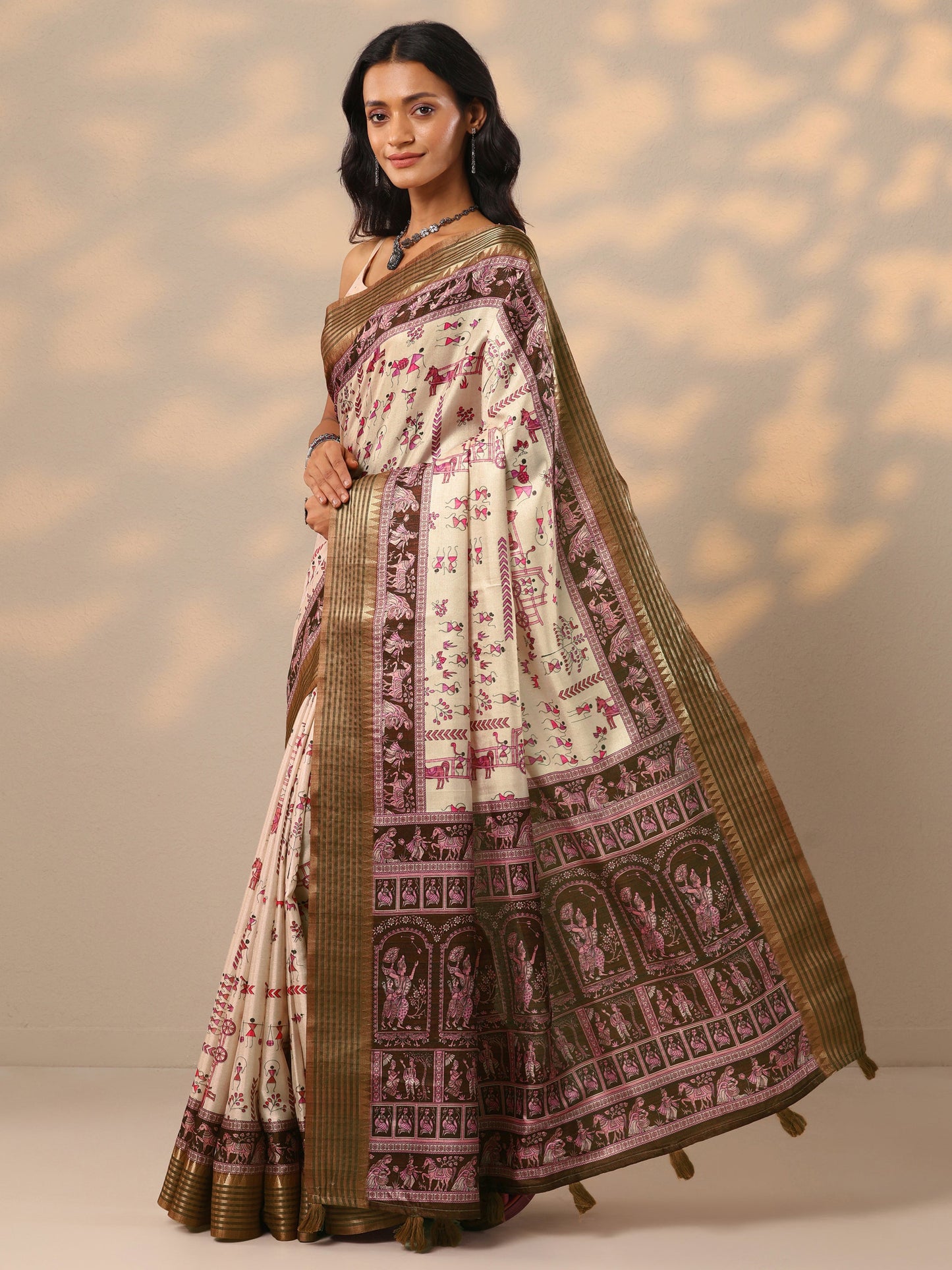 Beige Printed Baluchari Silk blend Saree With Unstitched Blouse Piece