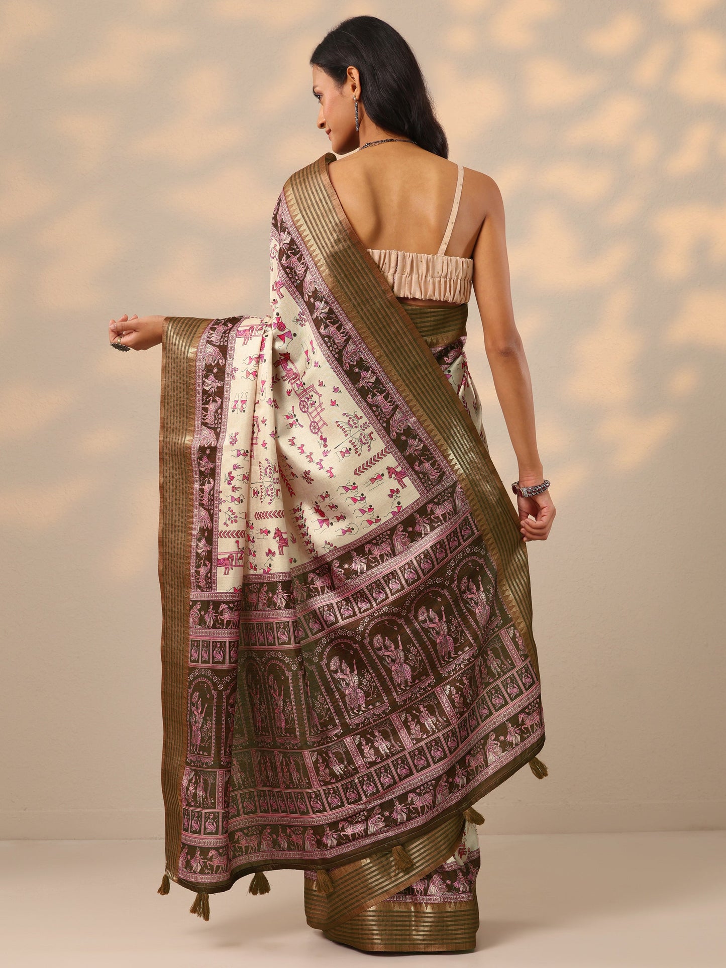 Beige Printed Baluchari Silk blend Saree With Unstitched Blouse Piece