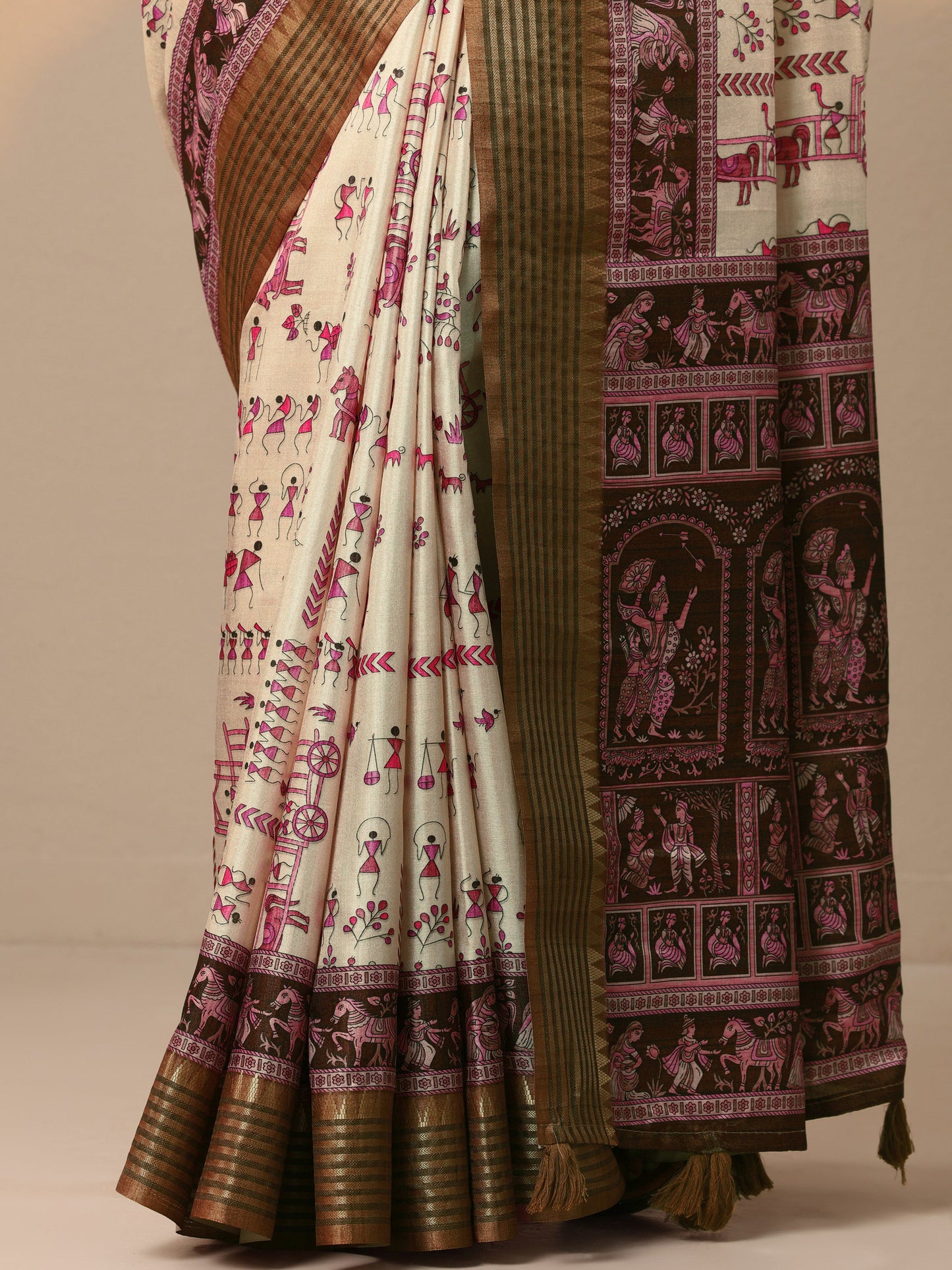 Beige Printed Baluchari Silk blend Saree With Unstitched Blouse Piece