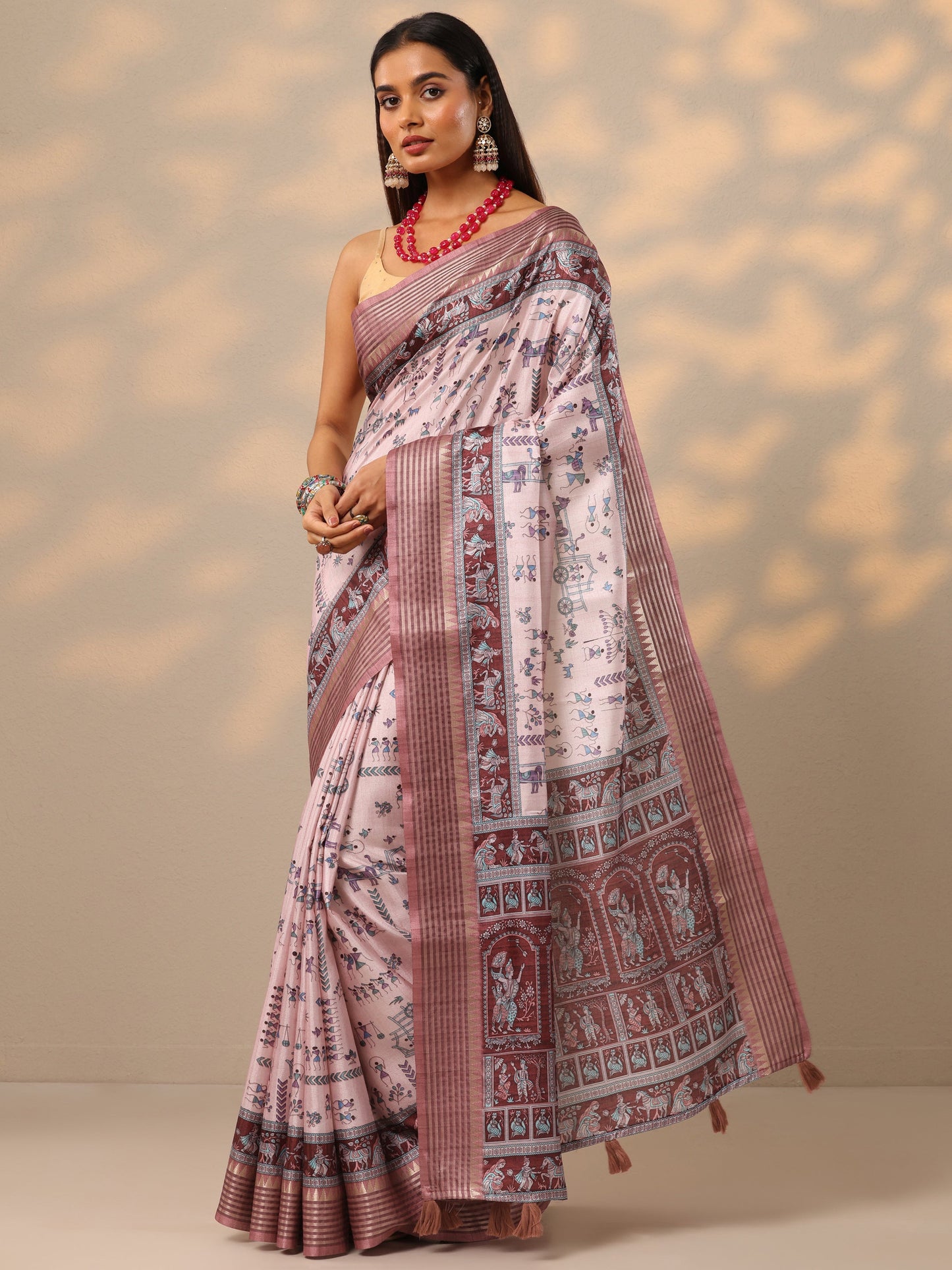 Pink Printed Silk blend Saree With Unstitched Blouse Piece