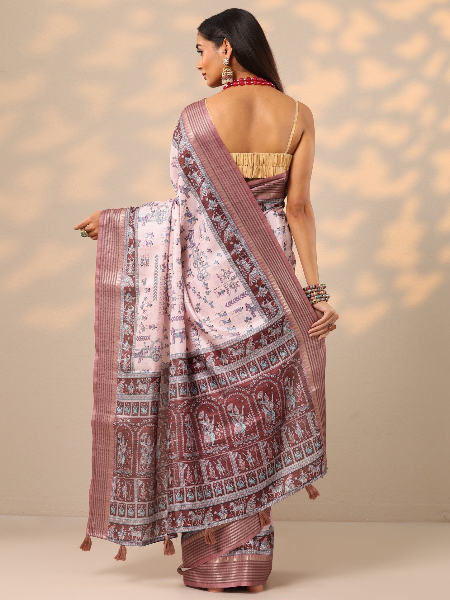 Pink Printed Silk blend Saree With Unstitched Blouse Piece