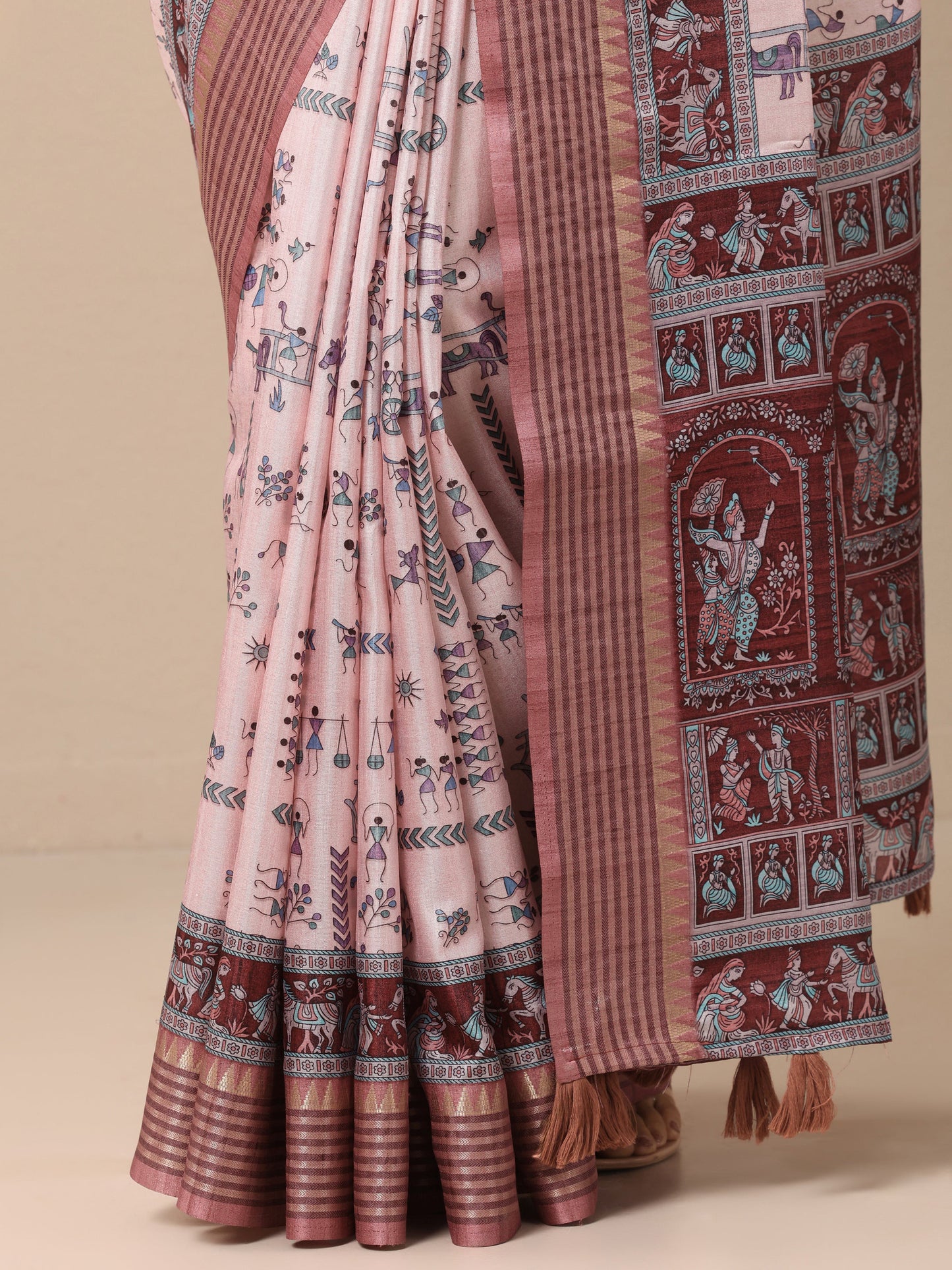 Pink Printed Silk blend Saree With Unstitched Blouse Piece
