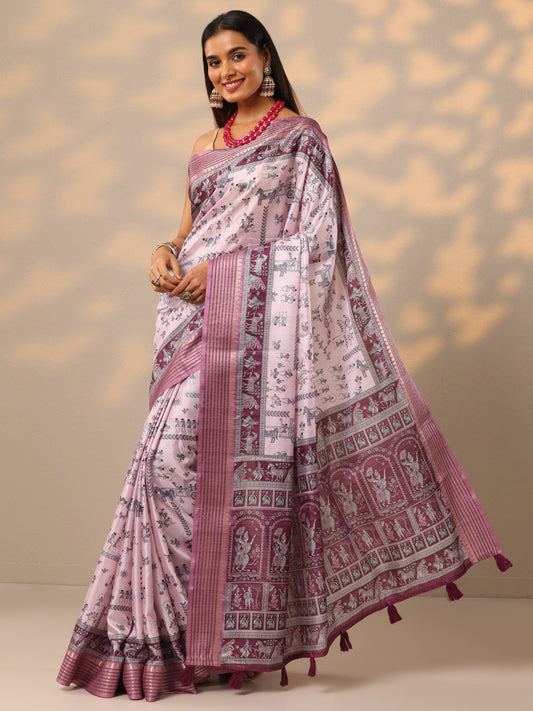 Lavender Printed Silk blend Saree With Unstitched Blouse Piece