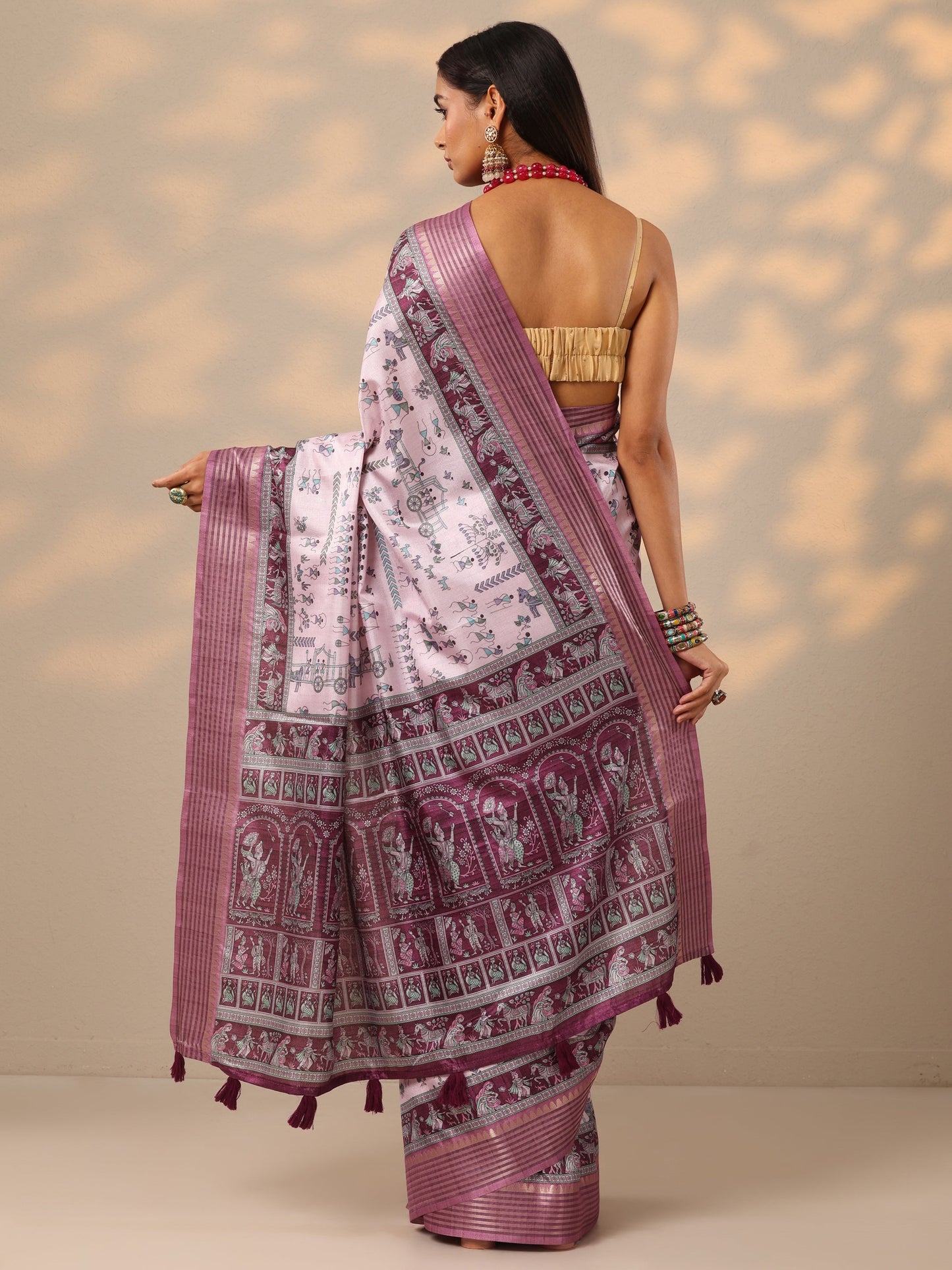 Lavender Printed Silk blend Saree With Unstitched Blouse Piece