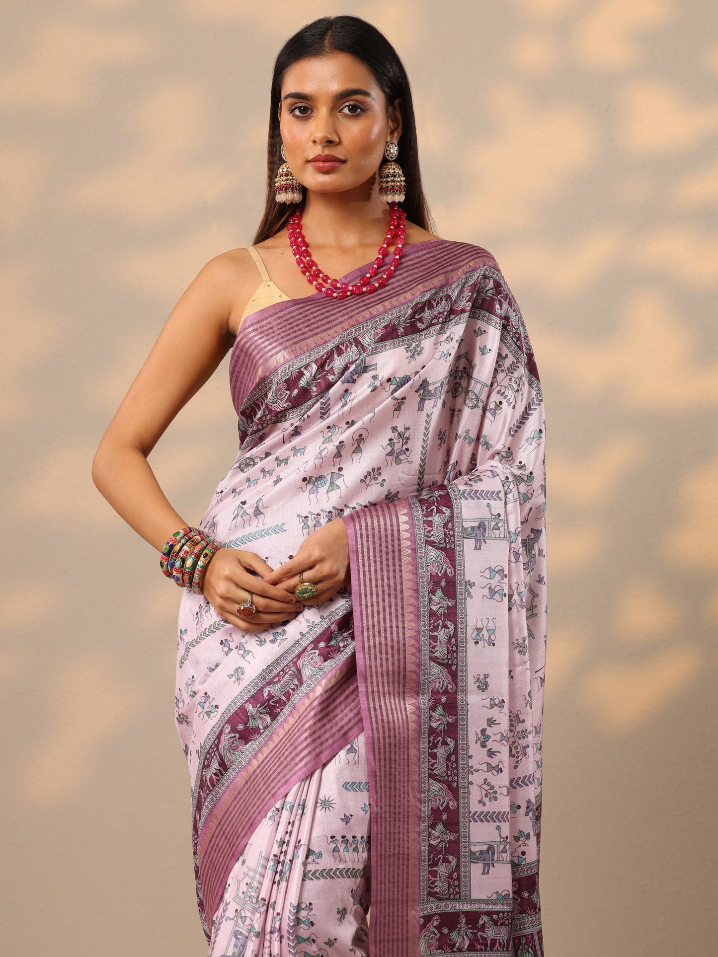 Lavender Printed Silk blend Saree With Unstitched Blouse Piece