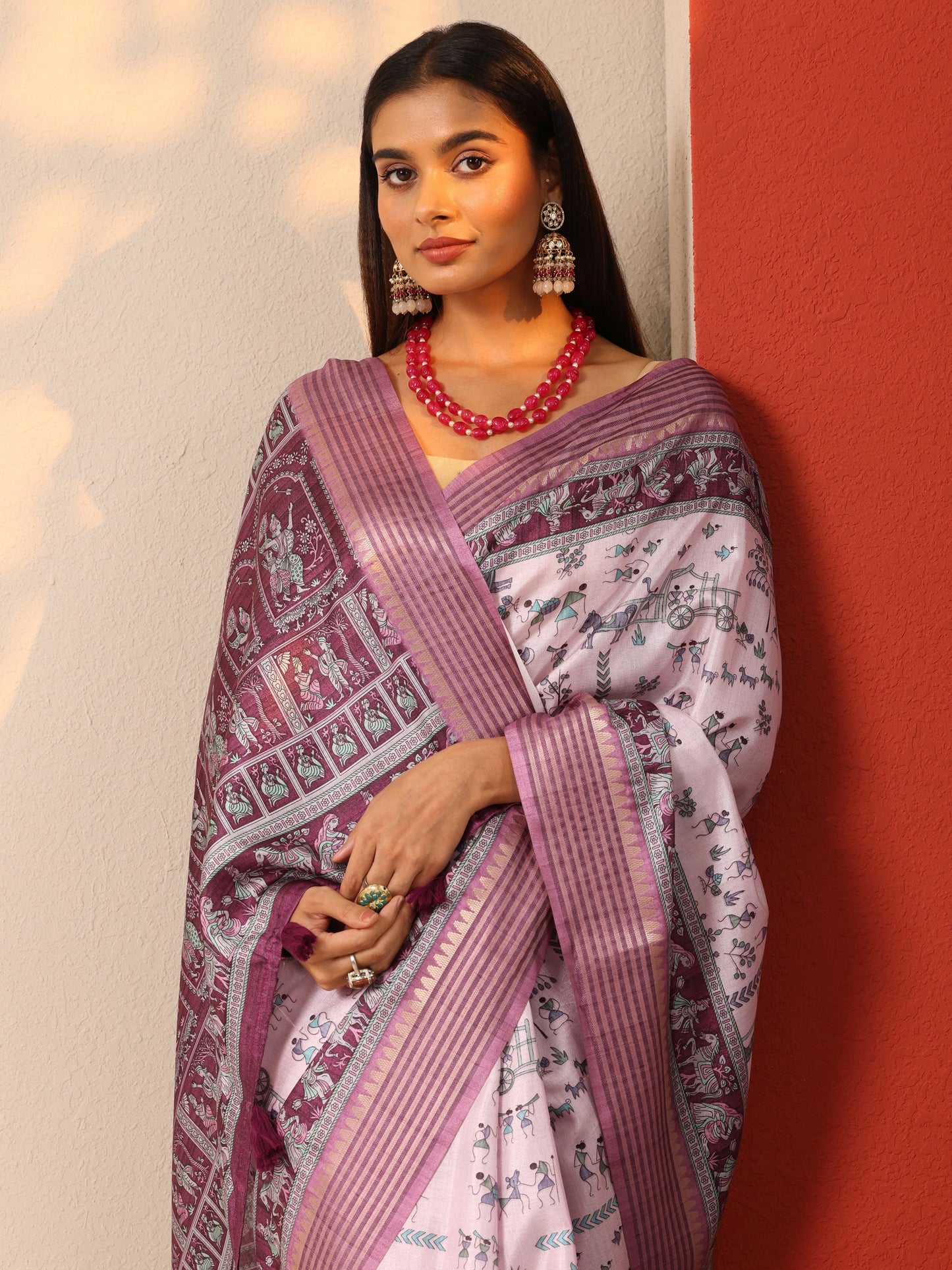 Lavender Printed Silk blend Saree With Unstitched Blouse Piece
