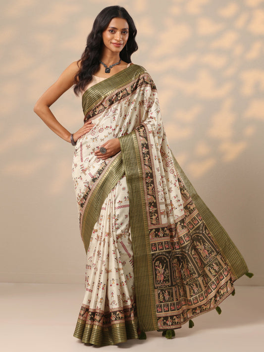 Green Printed Silk blend Saree With Unstitched Blouse Piece
