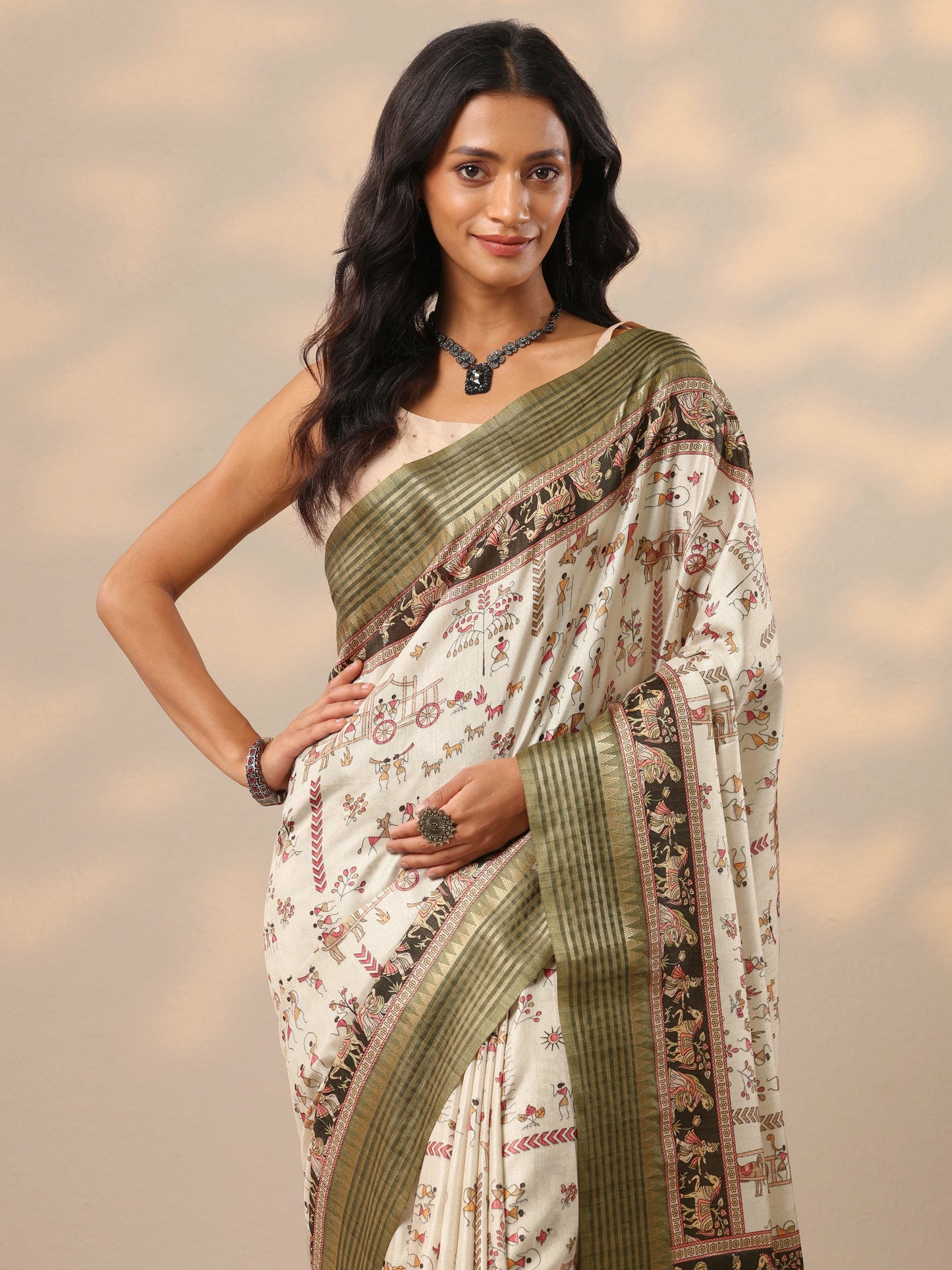 Green Printed Silk blend Saree With Unstitched Blouse Piece