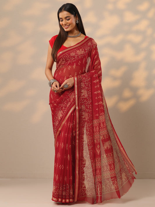 Red Ikat Printed Chiffon Saree With Unstitched Blouse Piece