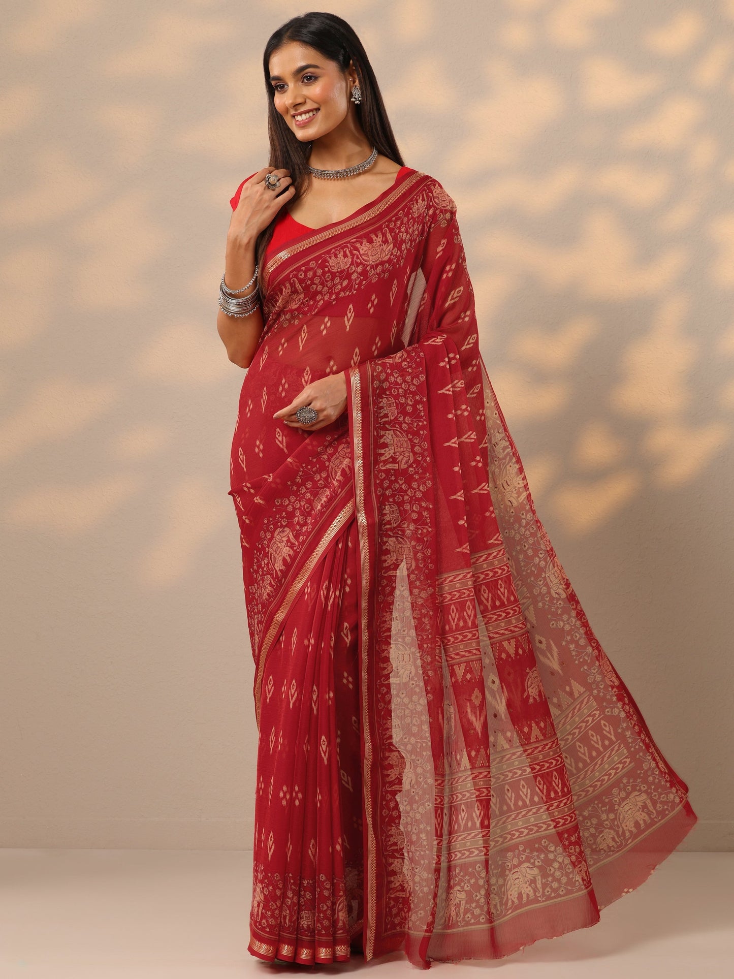 Red Ikat Printed Chiffon Saree With Unstitched Blouse Piece