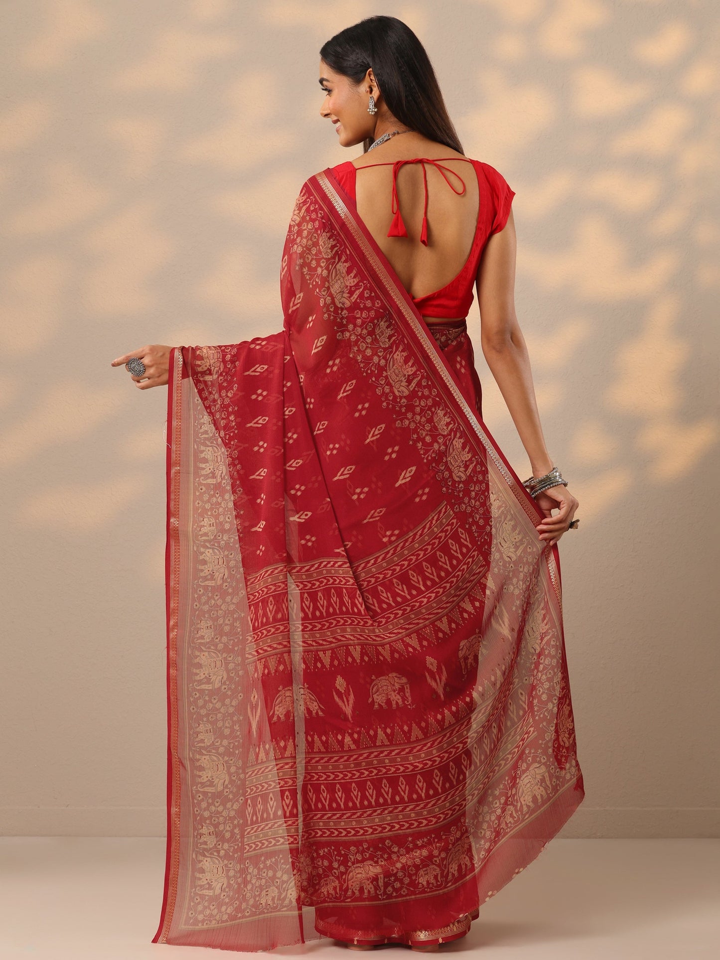 Red Ikat Printed Chiffon Saree With Unstitched Blouse Piece