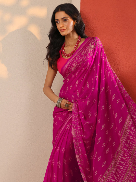 Pink Ikat Printed Chiffon Saree With Unstitched Blouse Piece