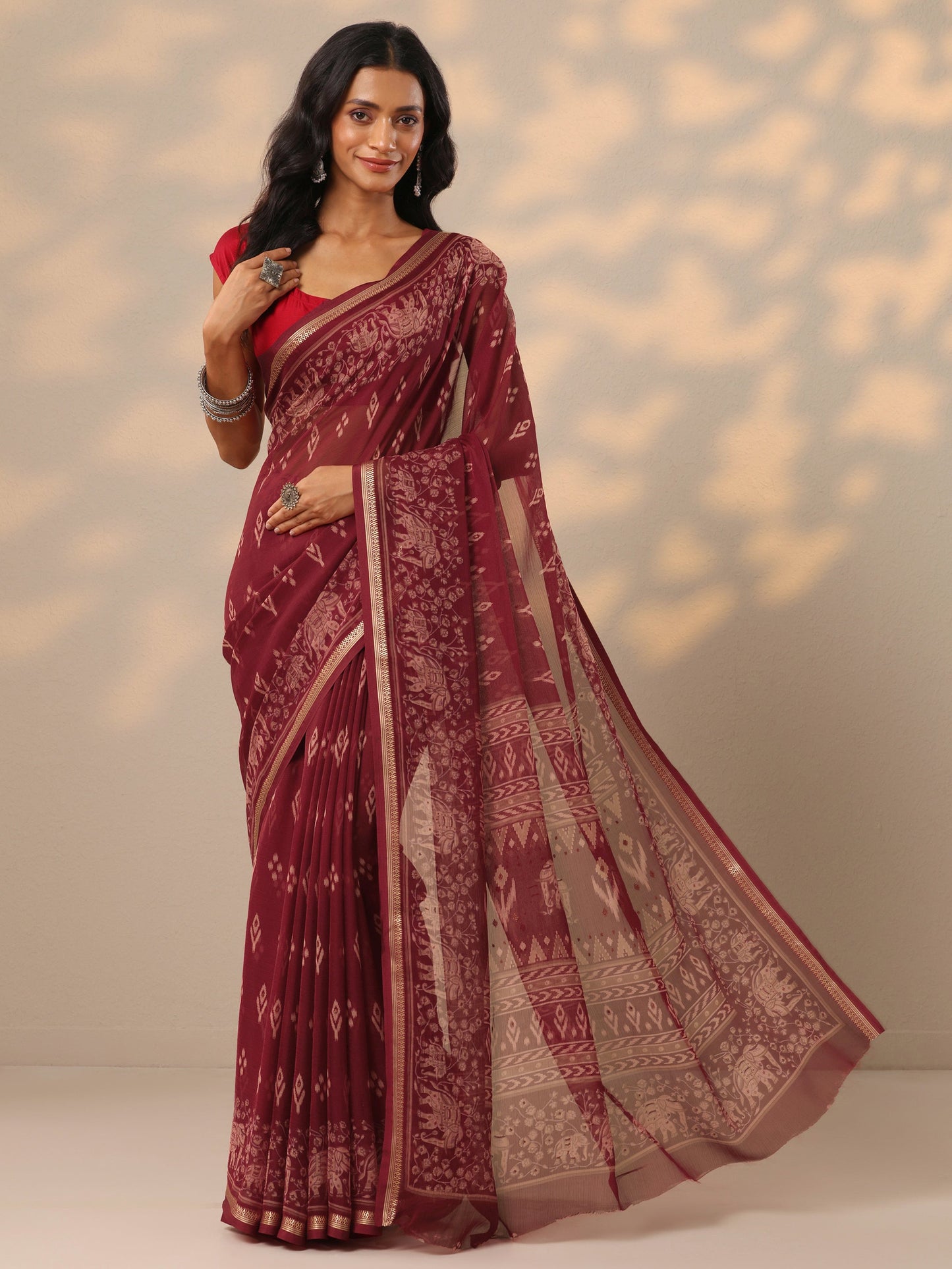 Maroon Printed Chiffon Saree With Unstitched Blouse Piece