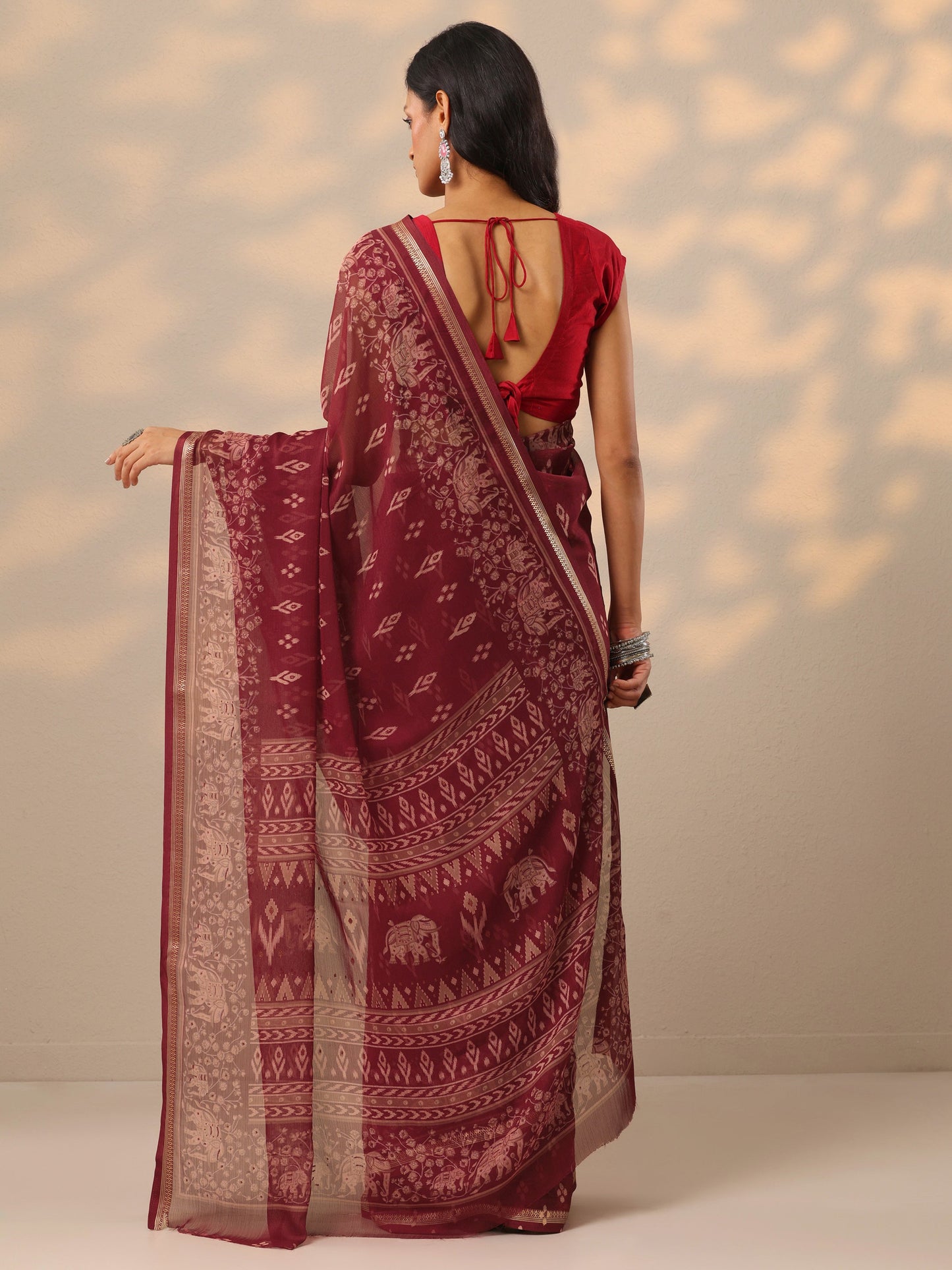 Maroon Printed Chiffon Saree With Unstitched Blouse Piece