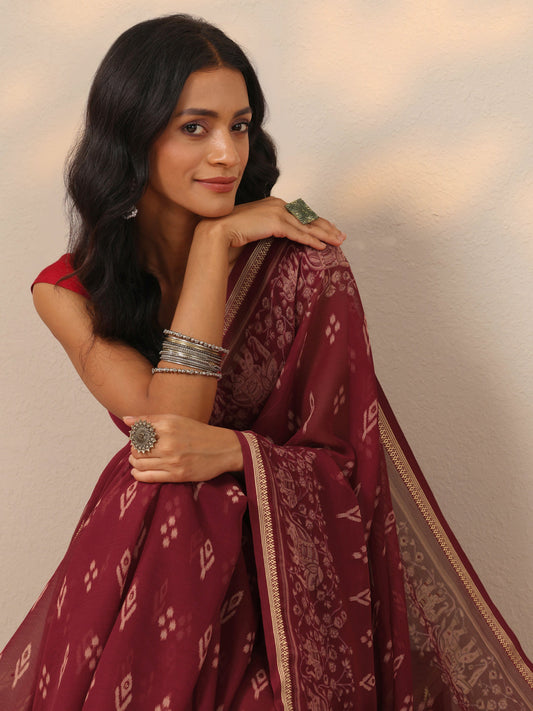 Maroon Printed Chiffon Saree With Unstitched Blouse Piece
