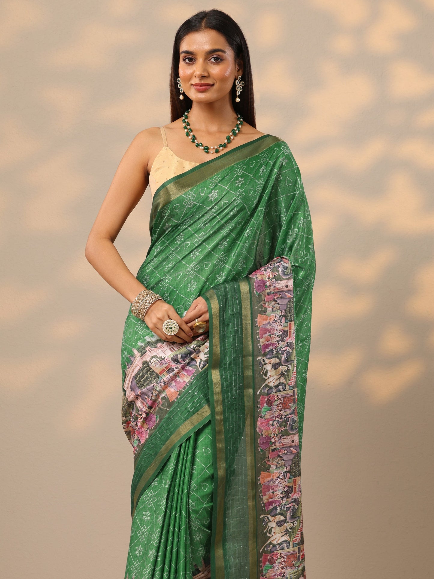 Green Printed Silk blend Saree With Unstitched Blouse Piece