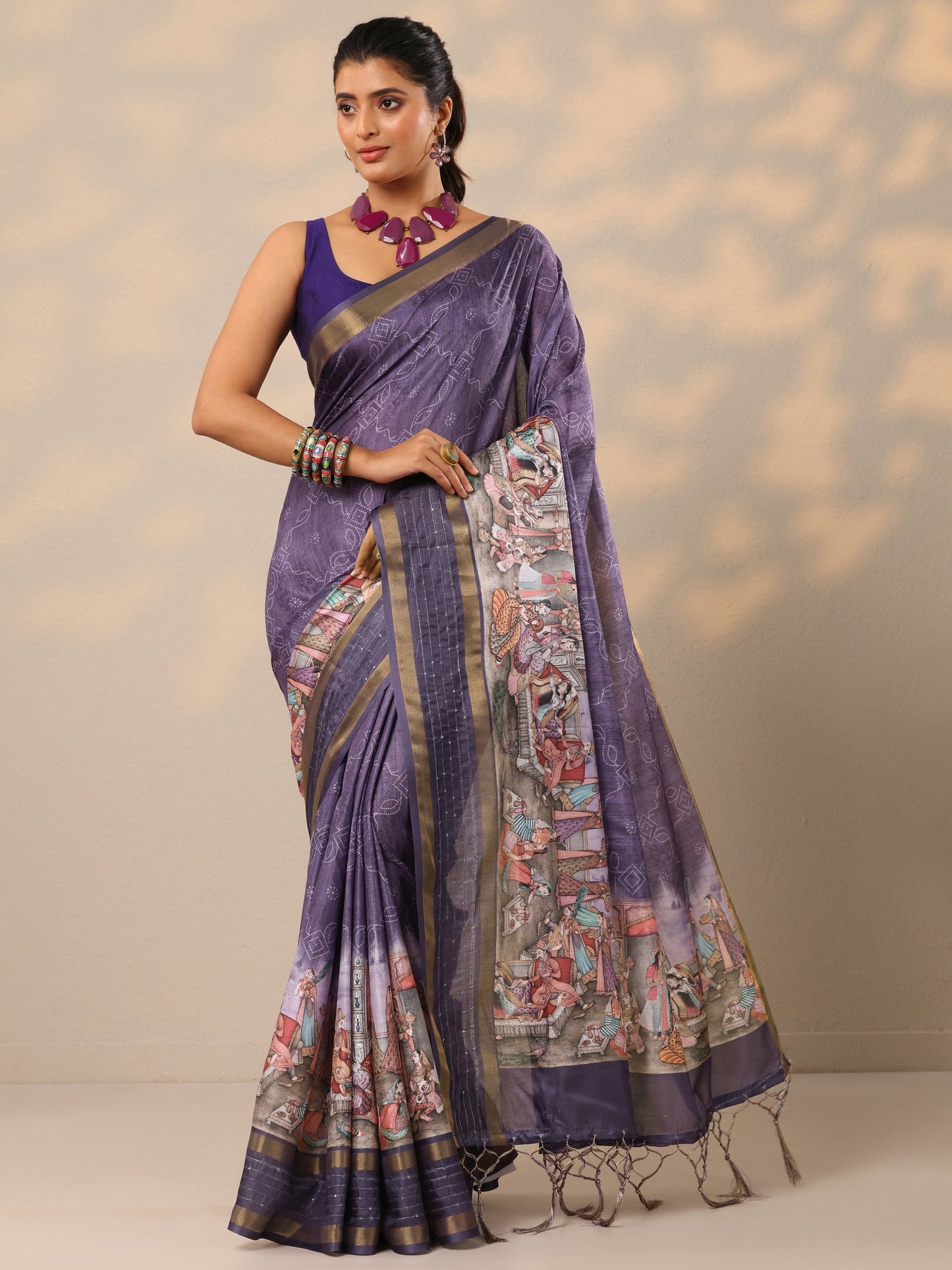 Lavender Bandhani Printed Silk Blend Sarees With Unstitched Blouse Piece