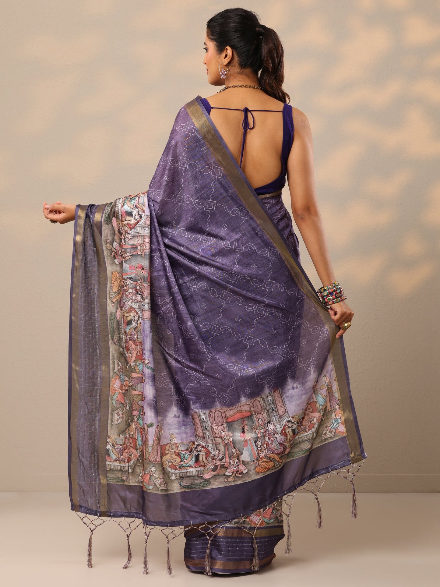 Lavender Bandhani Printed Silk Blend Sarees With Unstitched Blouse Piece
