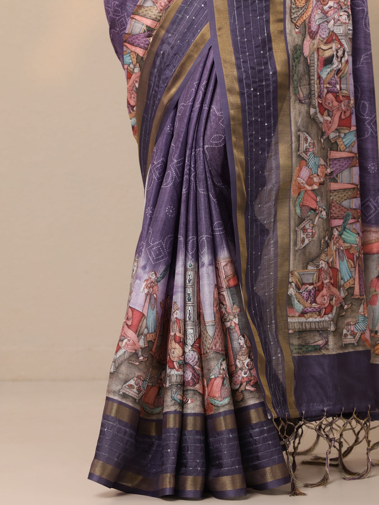 Lavender Bandhani Printed Silk Blend Sarees With Unstitched Blouse Piece