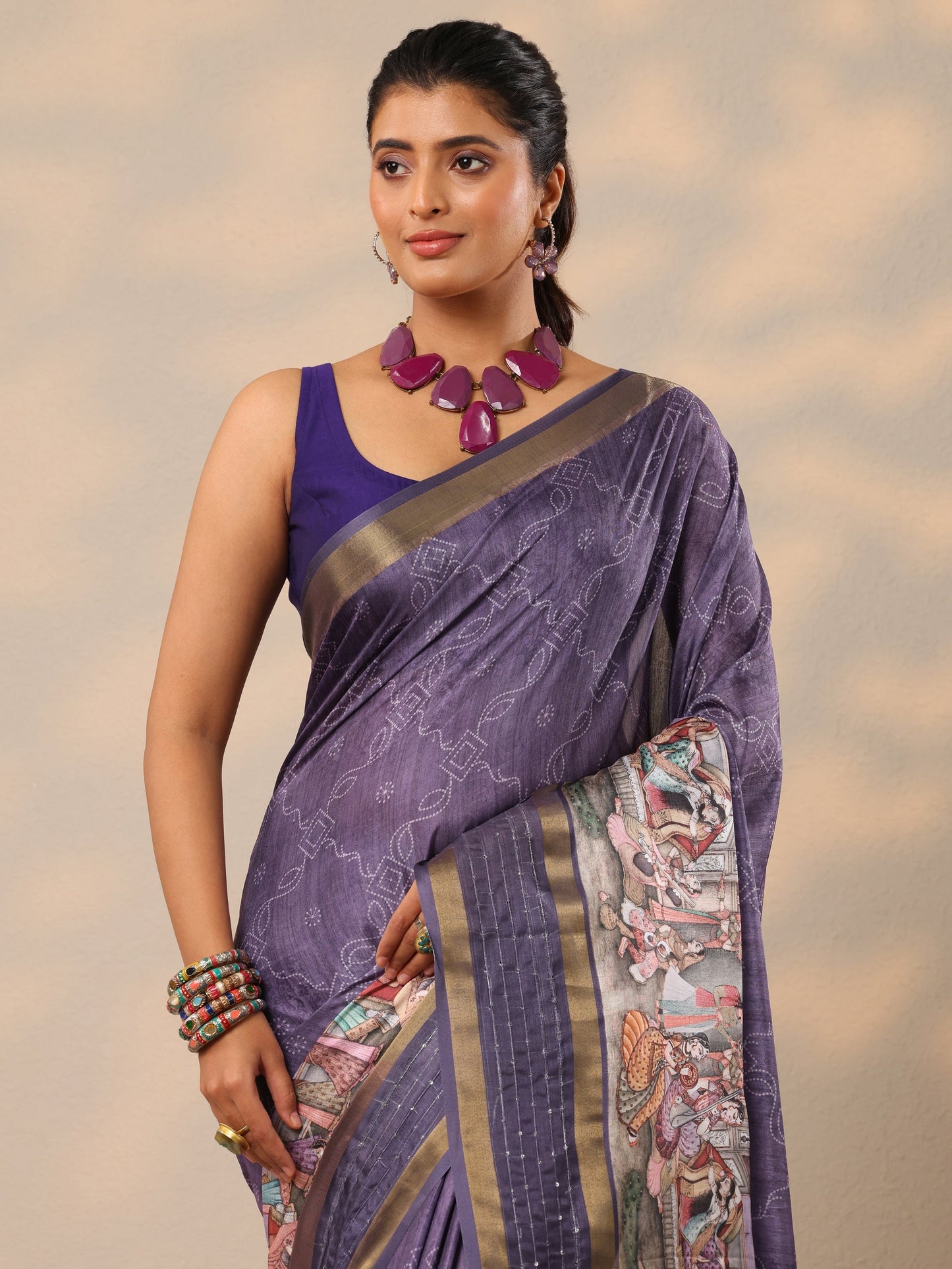 Lavender Bandhani Printed Silk Blend Sarees With Unstitched Blouse Piece