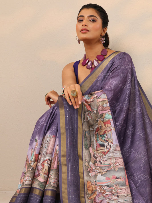 Lavender Bandhani Printed Silk Blend Sarees With Unstitched Blouse Piece