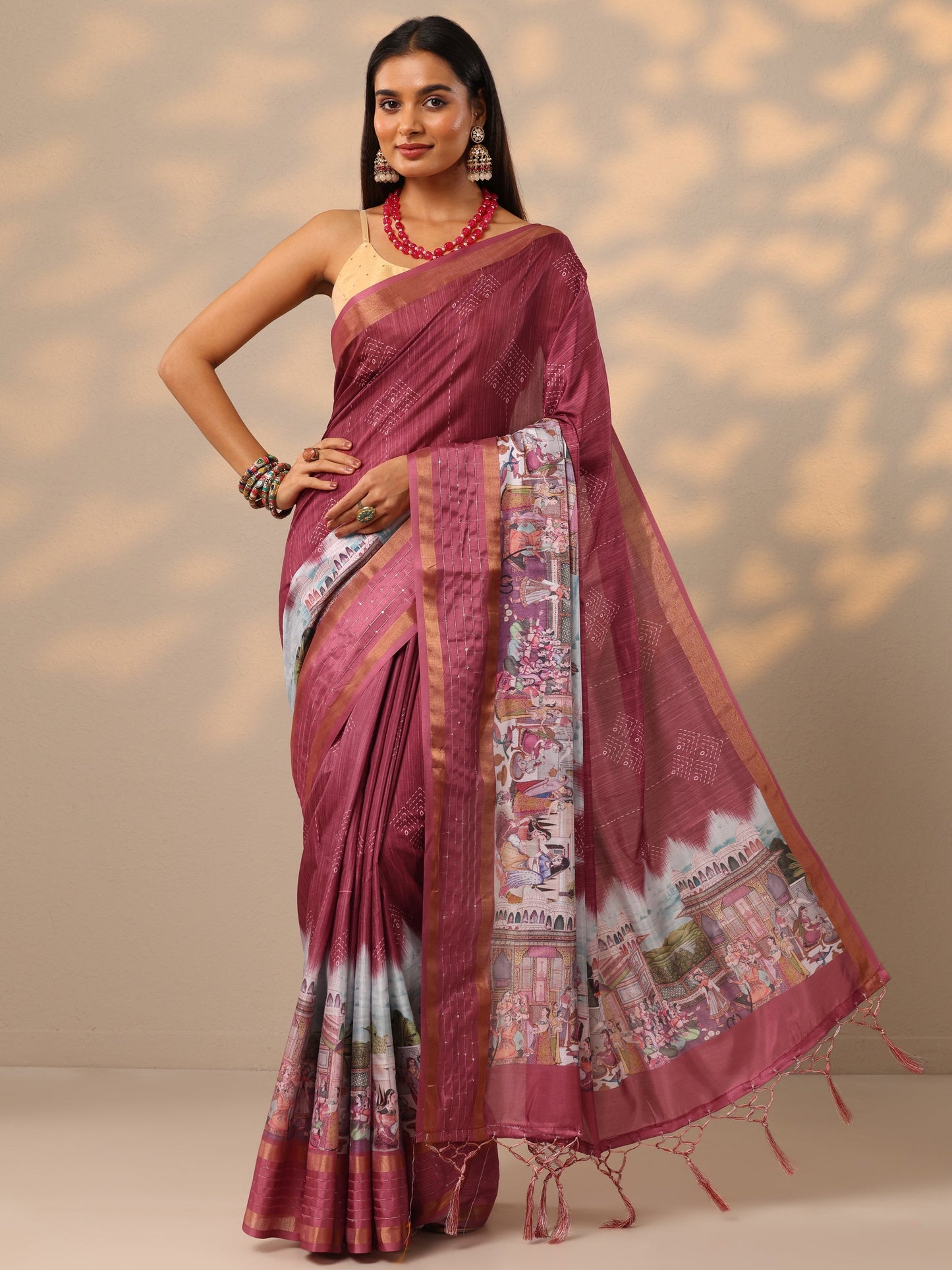 Coral Printed Silk blend Saree With Unstitched Blouse Piece