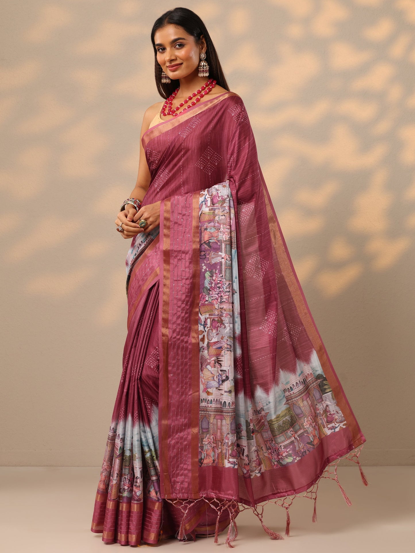 Coral Printed Silk blend Saree With Unstitched Blouse Piece