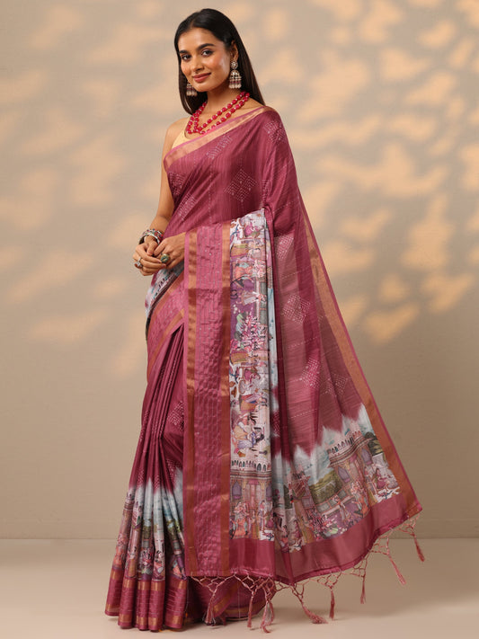 Coral Printed Silk blend Saree With Unstitched Blouse Piece