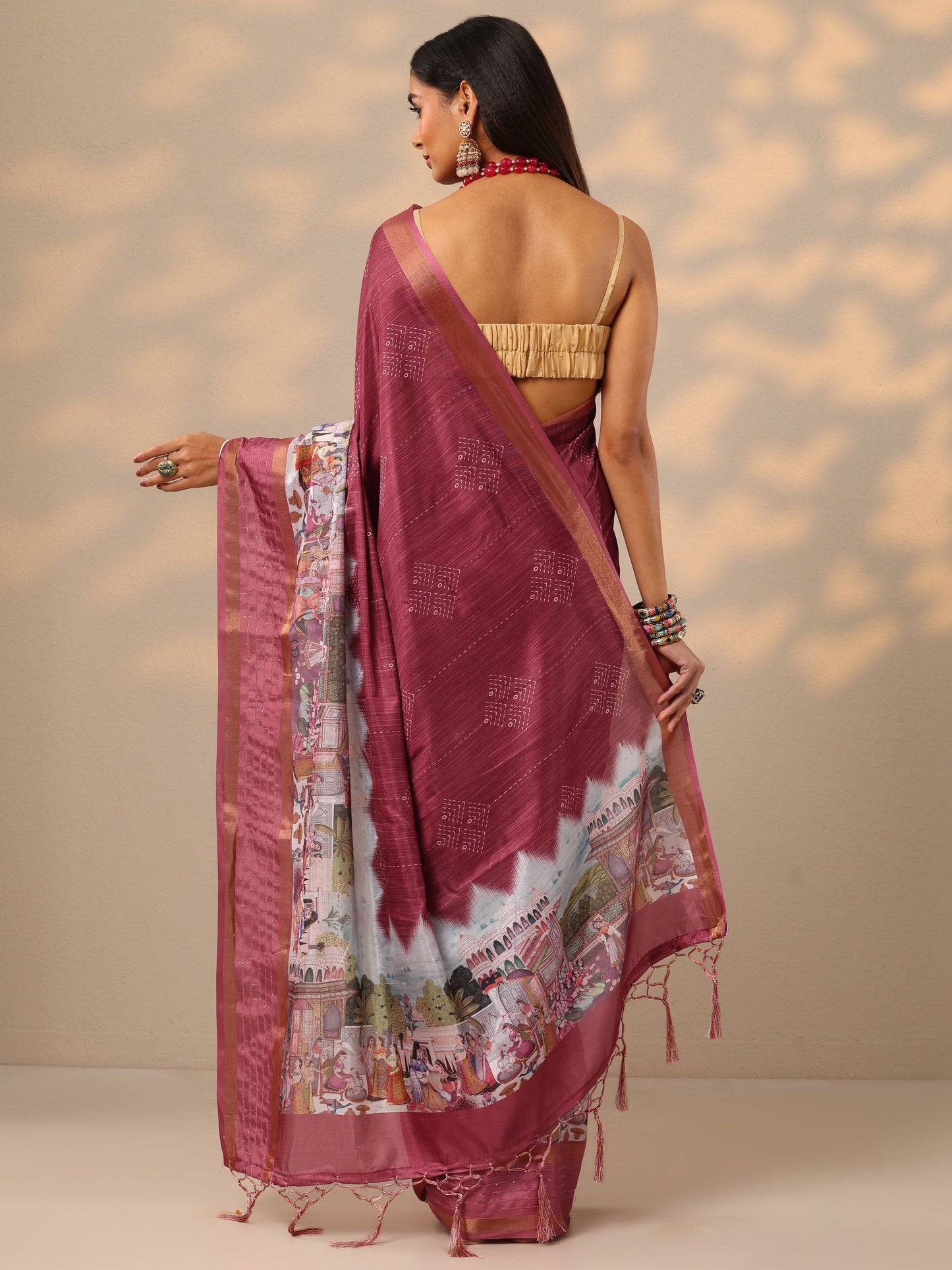 Coral Printed Silk blend Saree With Unstitched Blouse Piece