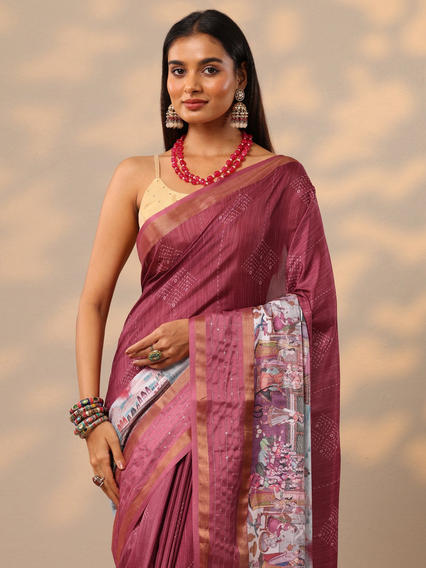 Coral Printed Silk blend Saree With Unstitched Blouse Piece