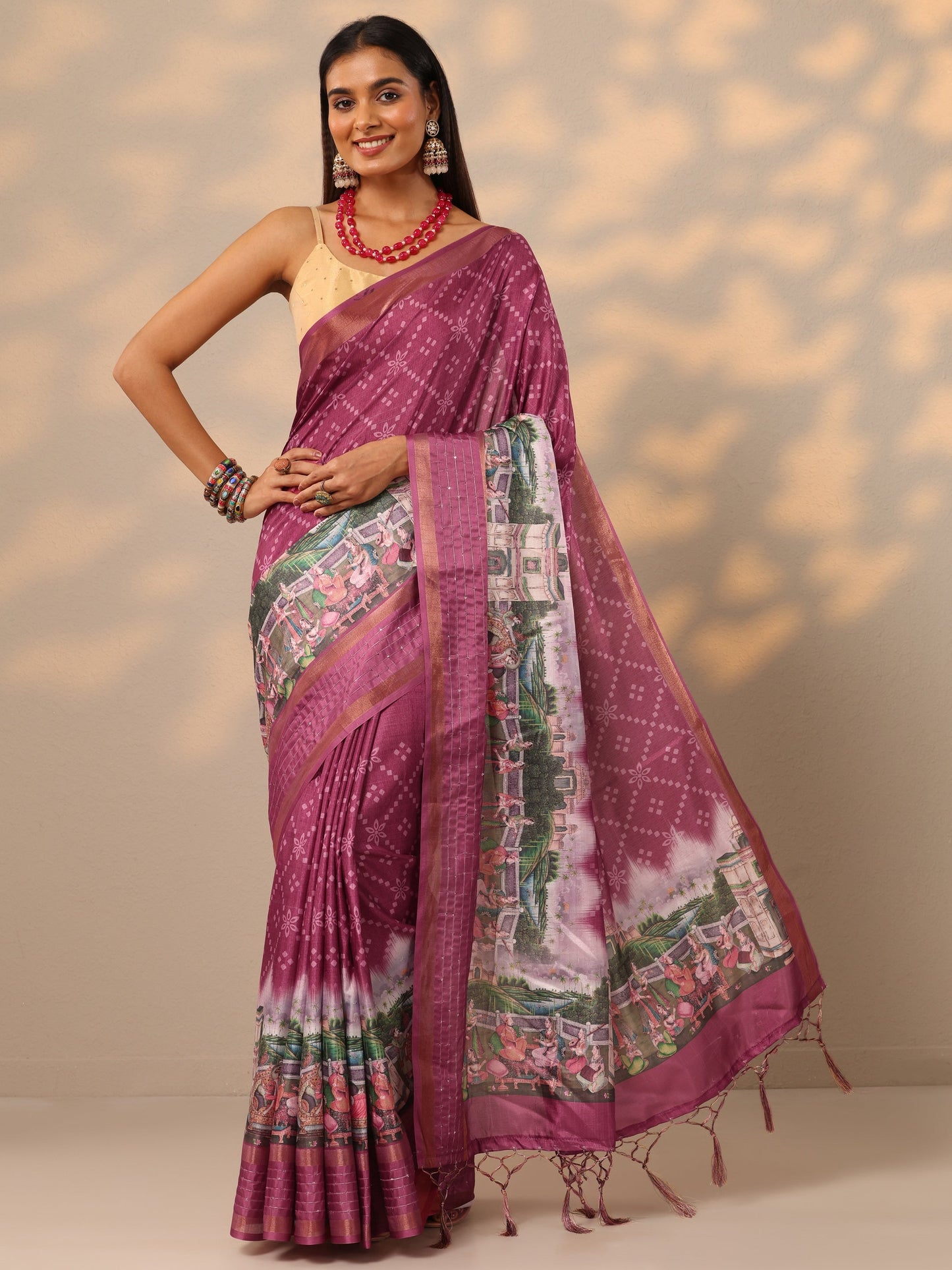 Mauve Printed Silk blend Saree With Unstitched Blouse Piece