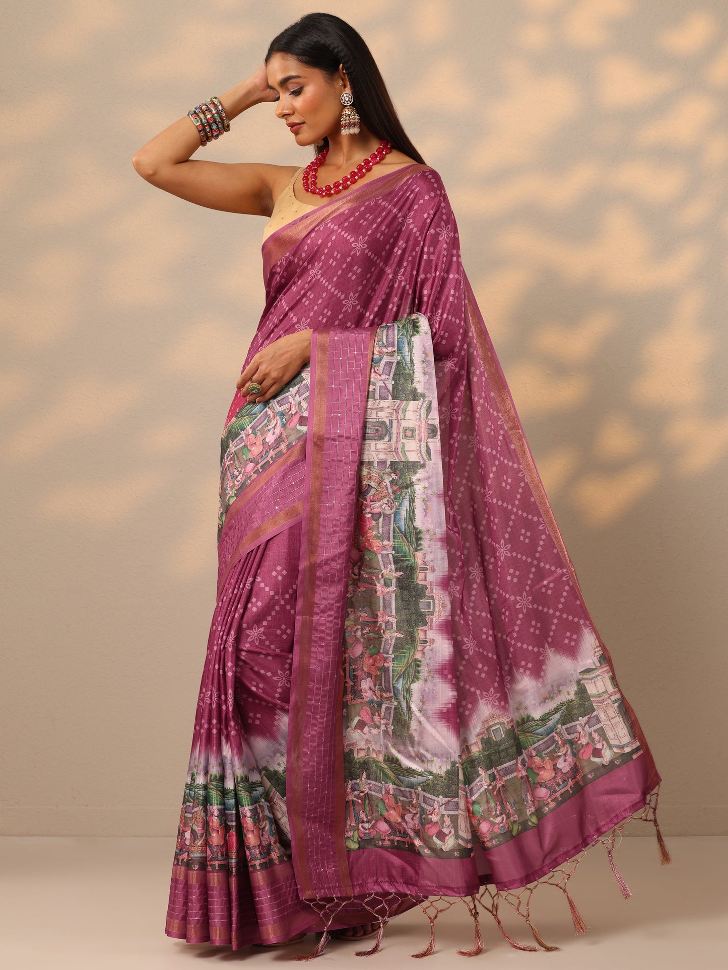 Mauve Printed Silk blend Saree With Unstitched Blouse Piece