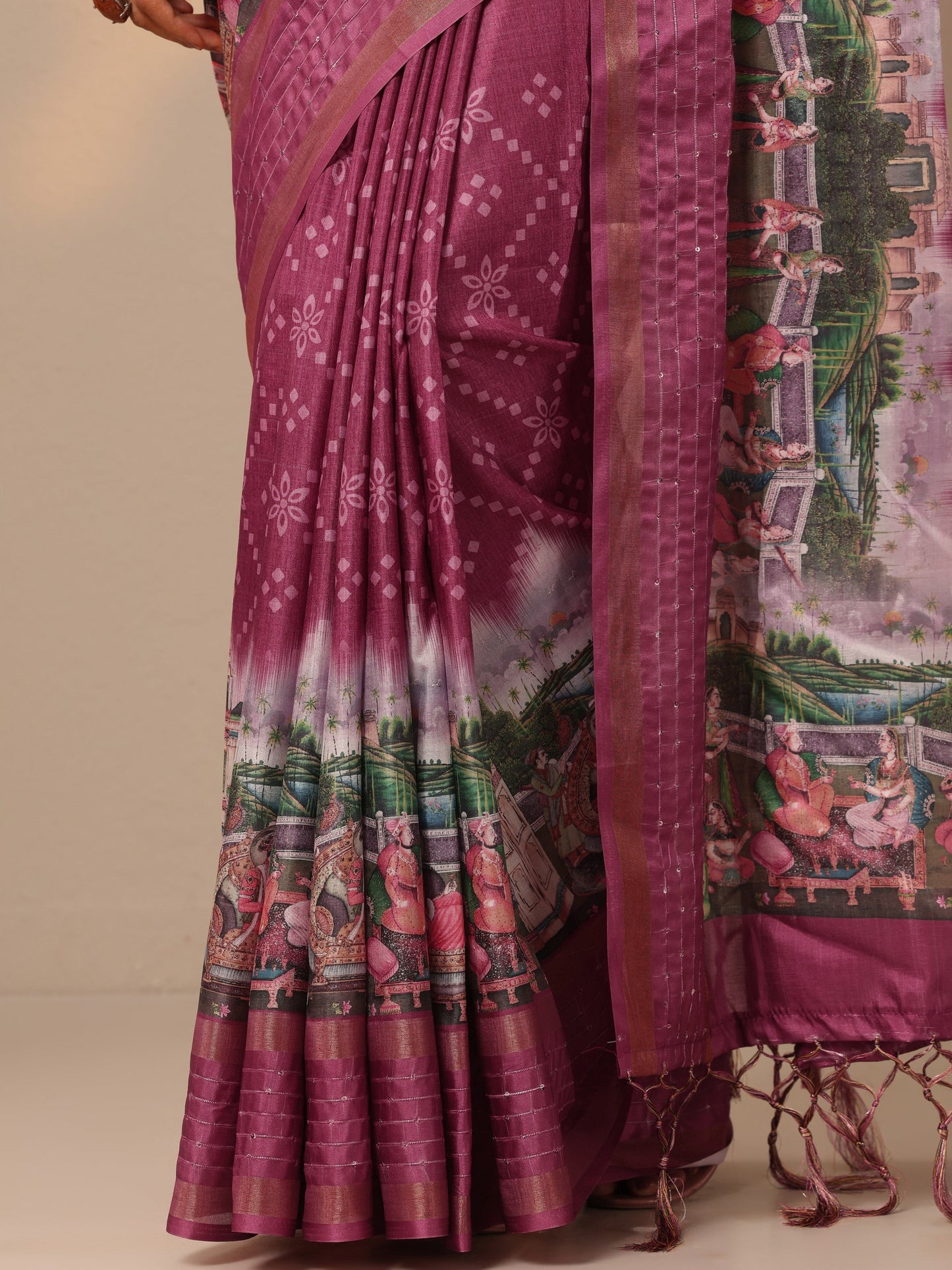 Mauve Printed Silk blend Saree With Unstitched Blouse Piece