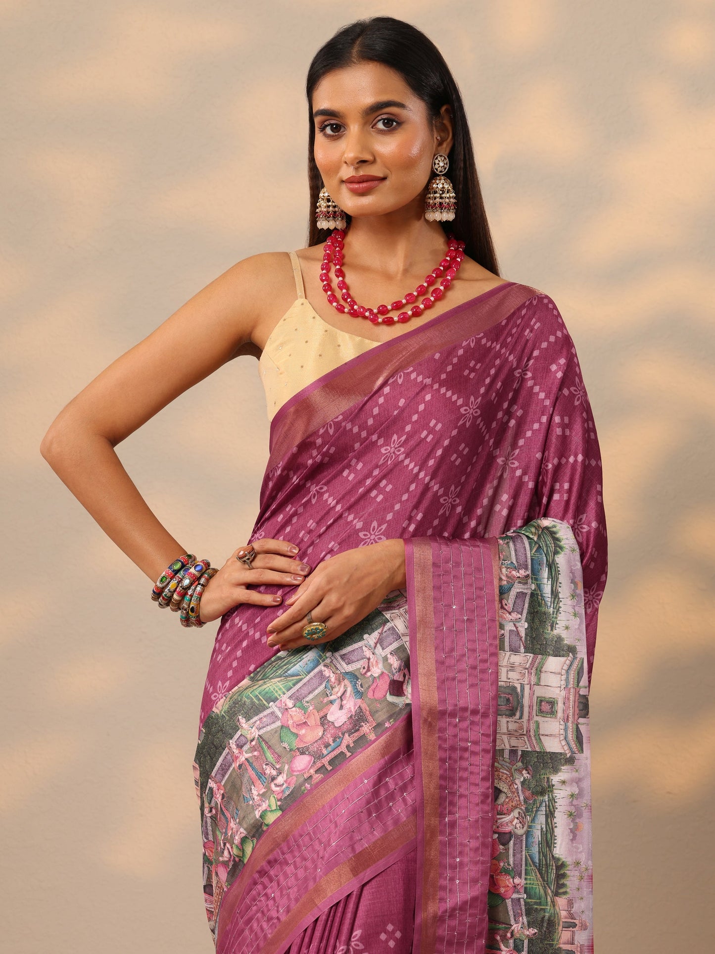 Mauve Printed Silk blend Saree With Unstitched Blouse Piece