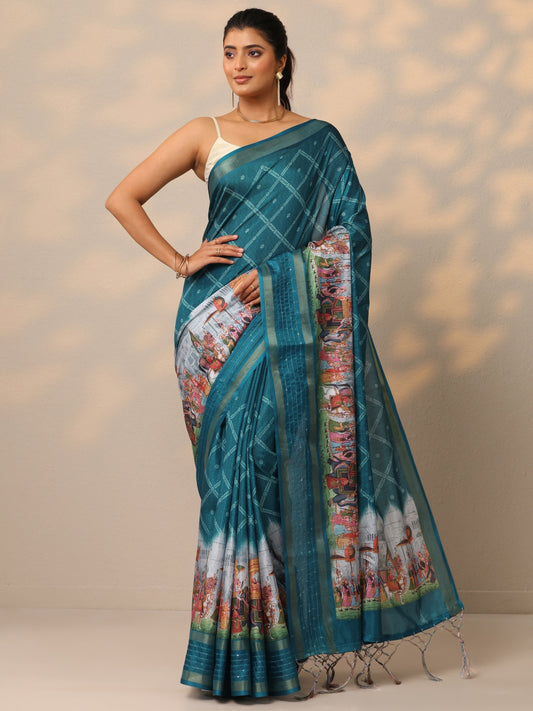 Blue Printed Silk Blend Sarees With Unstitched Blouse Piece