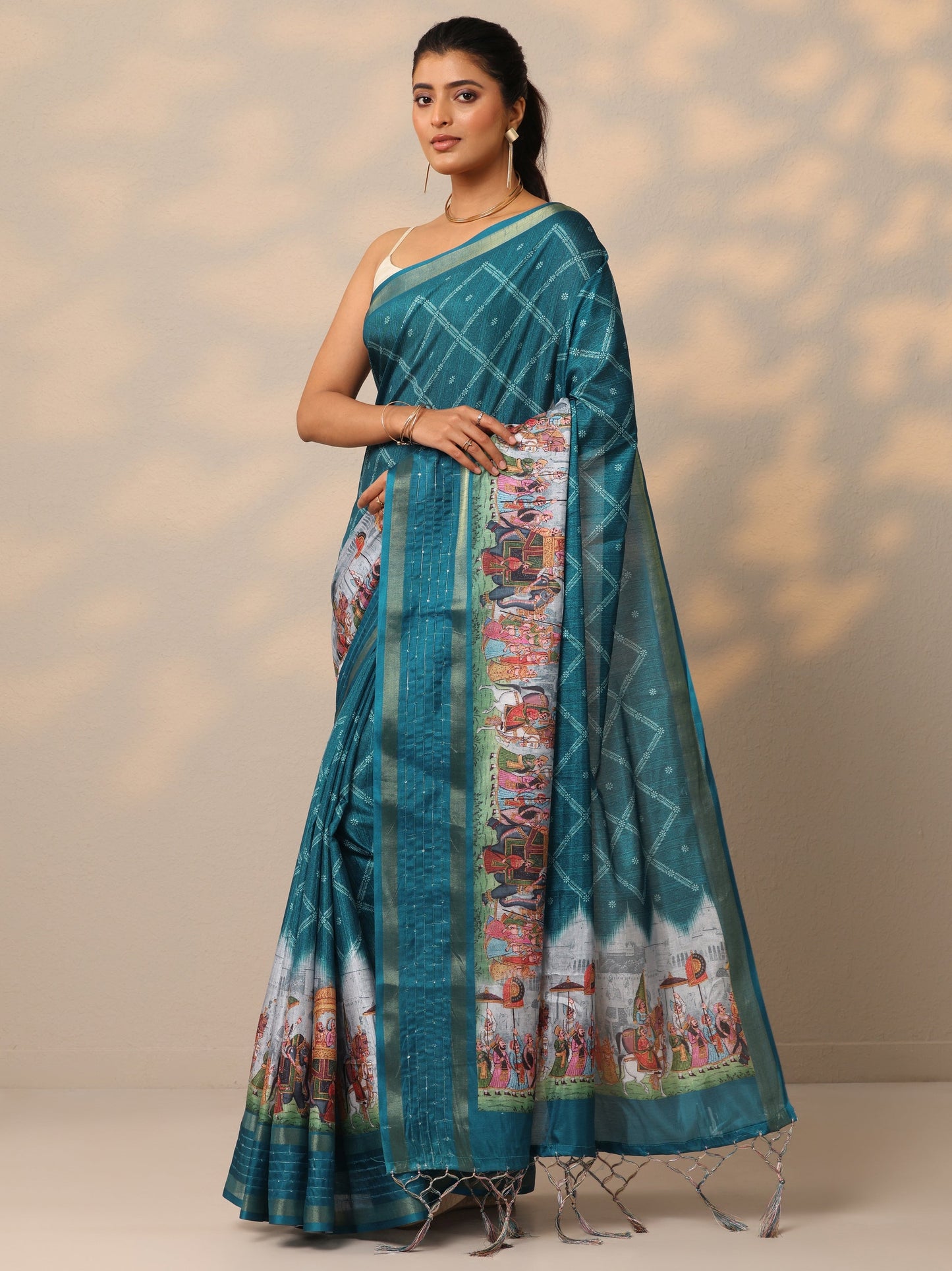 Blue Printed Silk Blend Sarees With Unstitched Blouse Piece