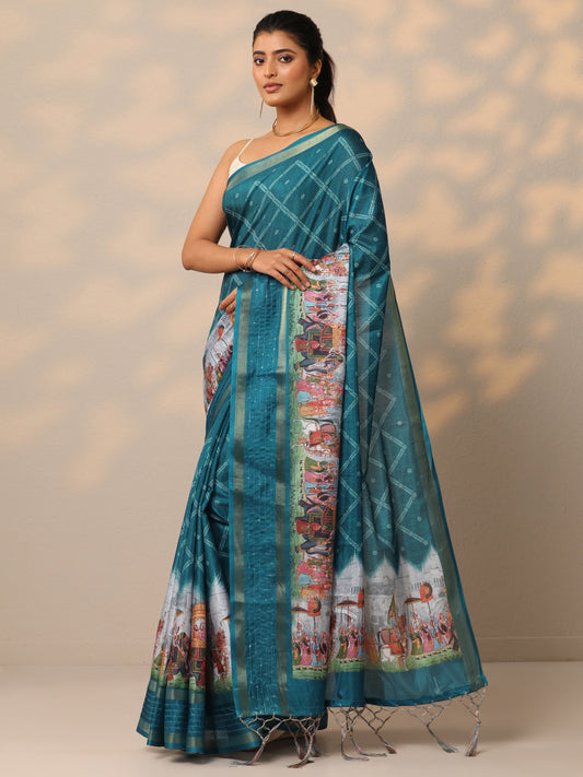 Blue Printed Silk Blend Sarees With Unstitched Blouse Piece