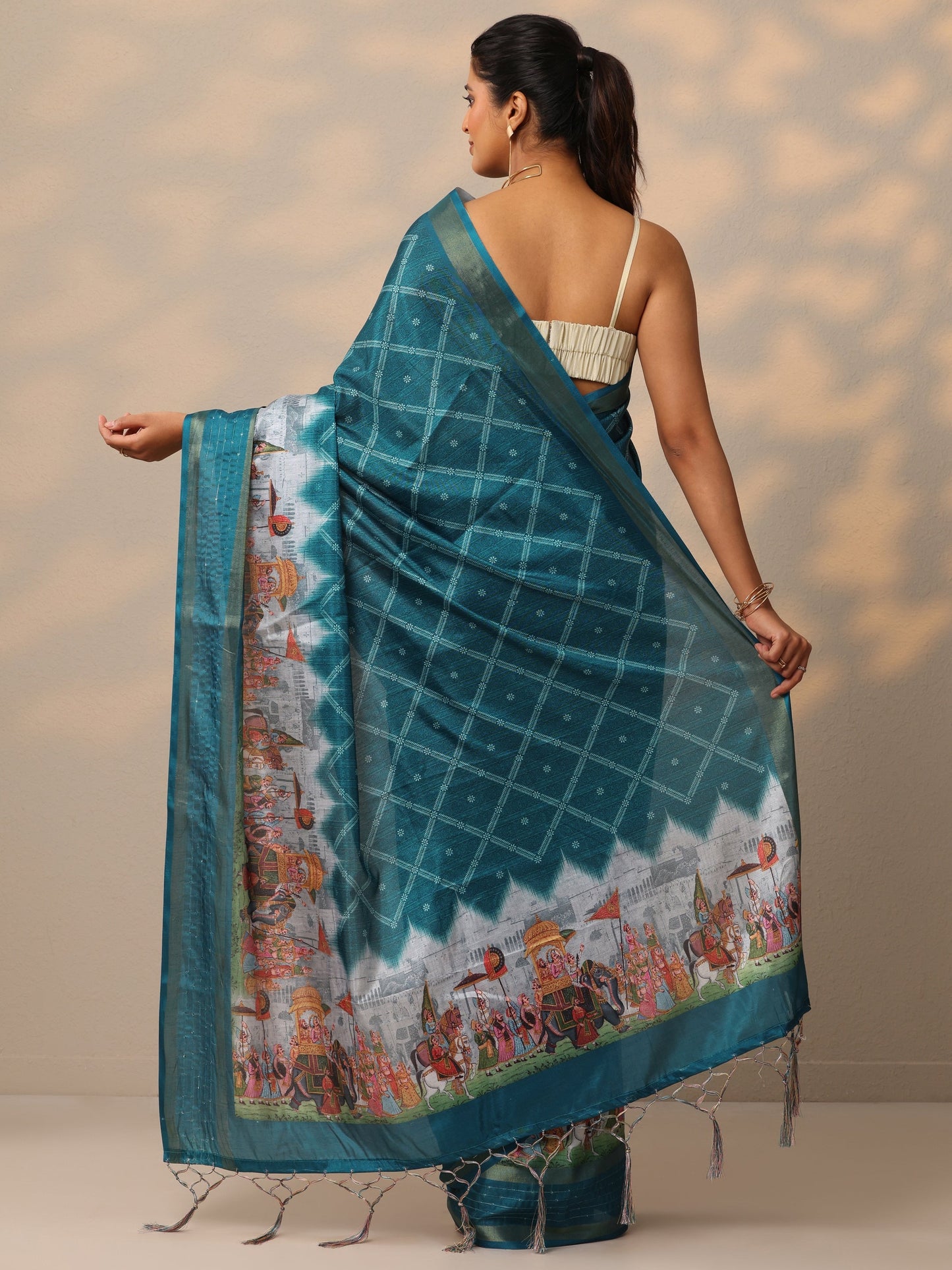 Blue Printed Silk Blend Sarees With Unstitched Blouse Piece