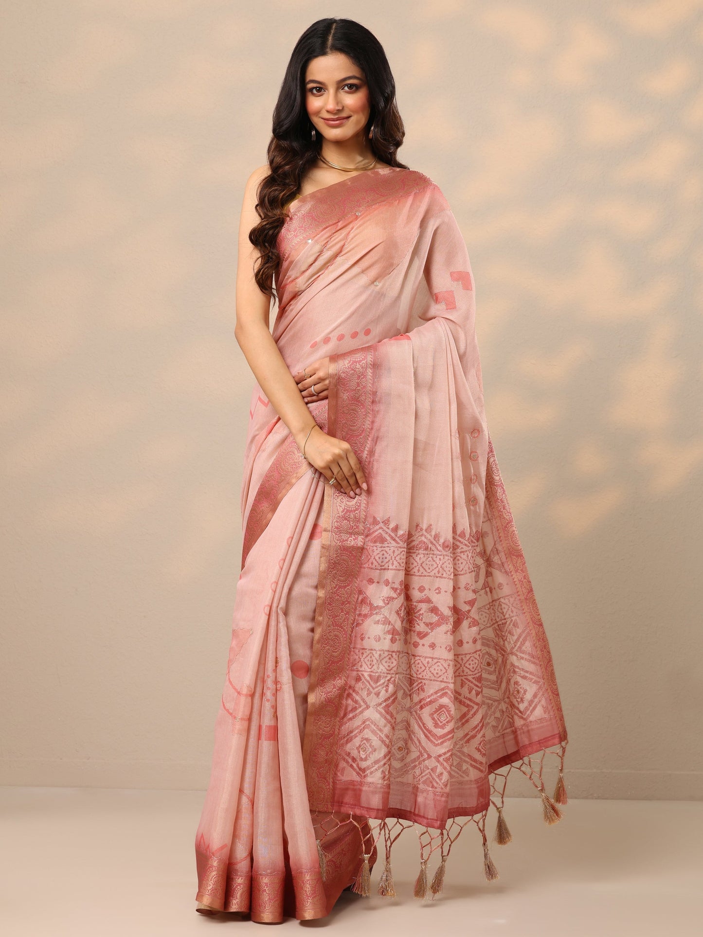 Peach Printed Silk Blend Sarees With Unstitched Blouse Piece