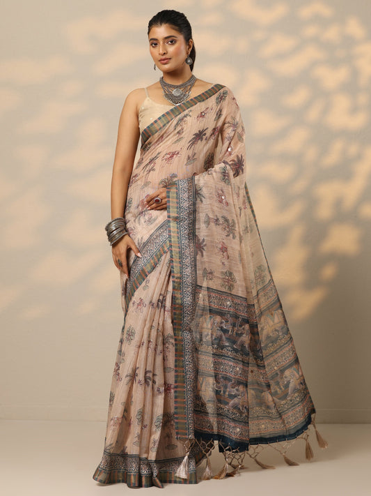 Peach Printed Cotton Blend Saree With Unstitched Blouse Piece