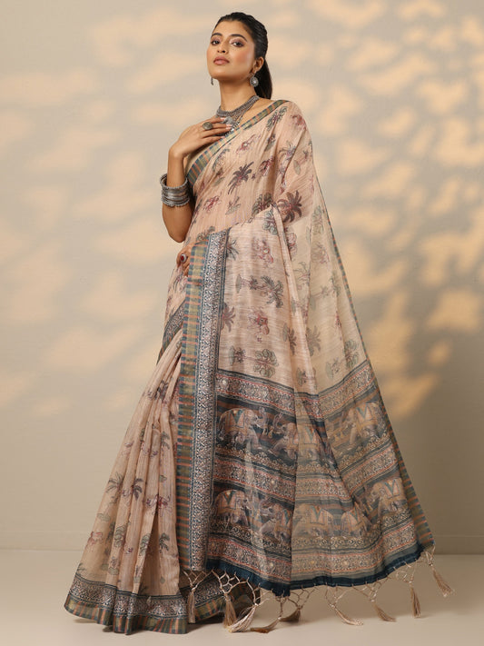 Peach Printed Cotton Blend Saree With Unstitched Blouse Piece