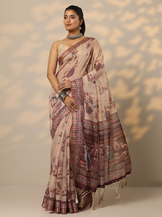 Tan Printed Cotton Blend Saree With Unstitched Blouse Piece