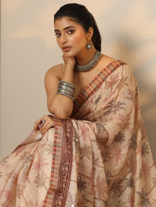 Tan Printed Cotton Blend Saree With Unstitched Blouse Piece