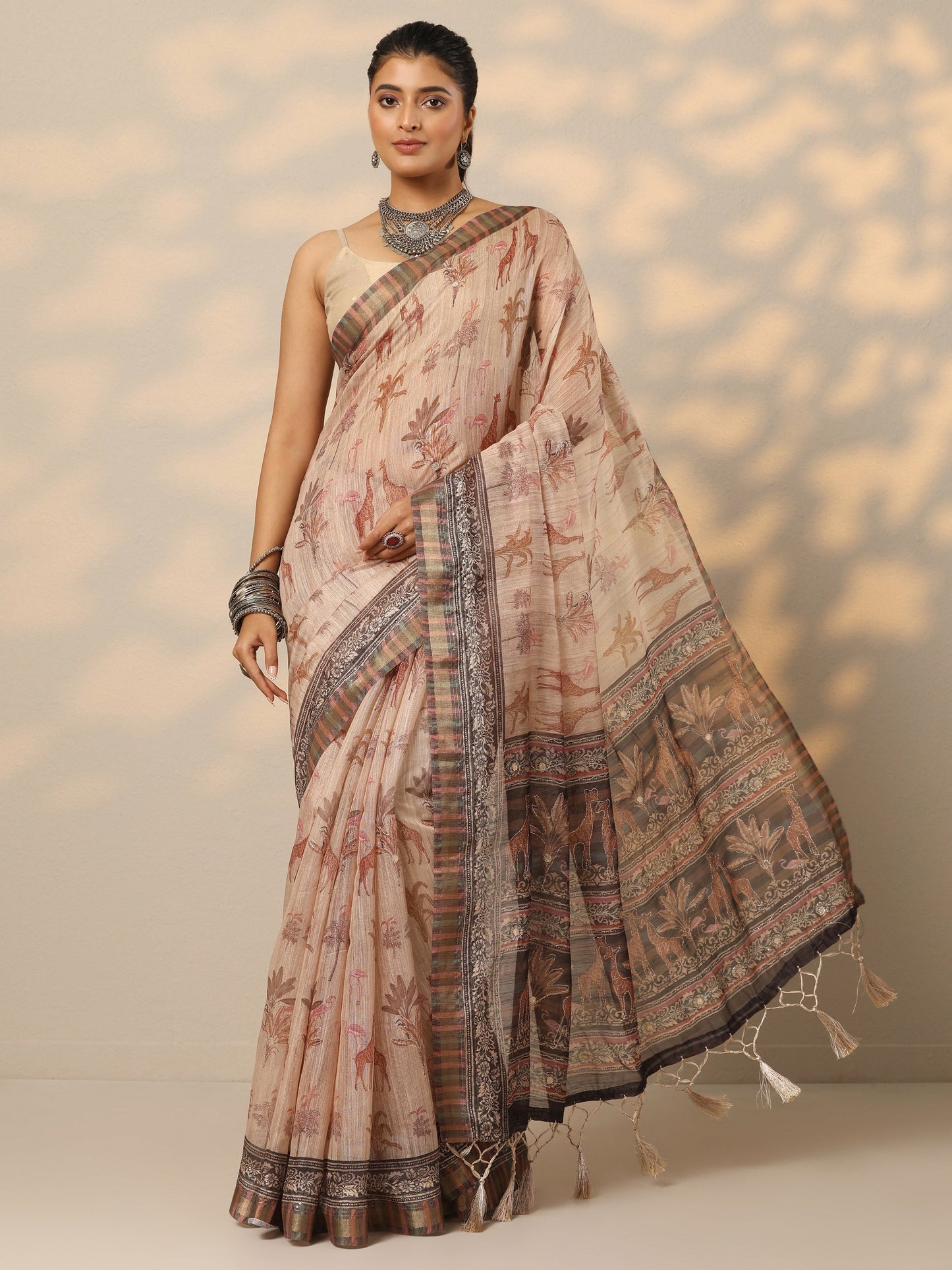 Tan Printed Cotton Blend Saree With Unstitched Blouse Piece
