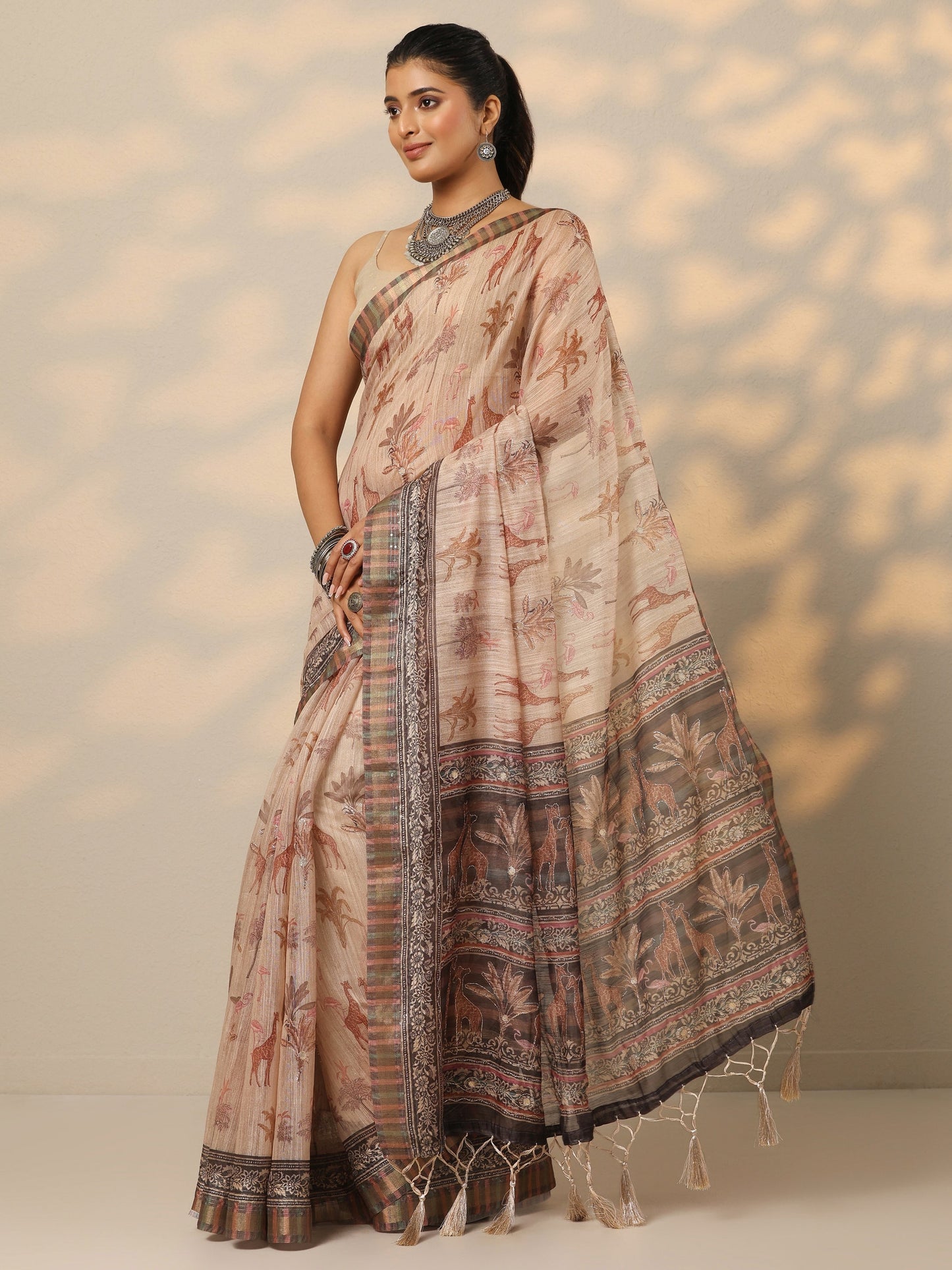 Tan Printed Cotton Blend Saree With Unstitched Blouse Piece