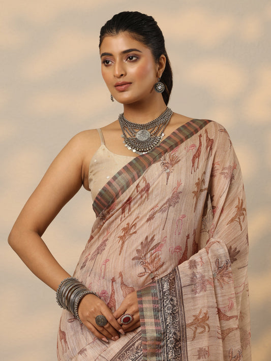 Tan Printed Cotton Blend Saree With Unstitched Blouse Piece