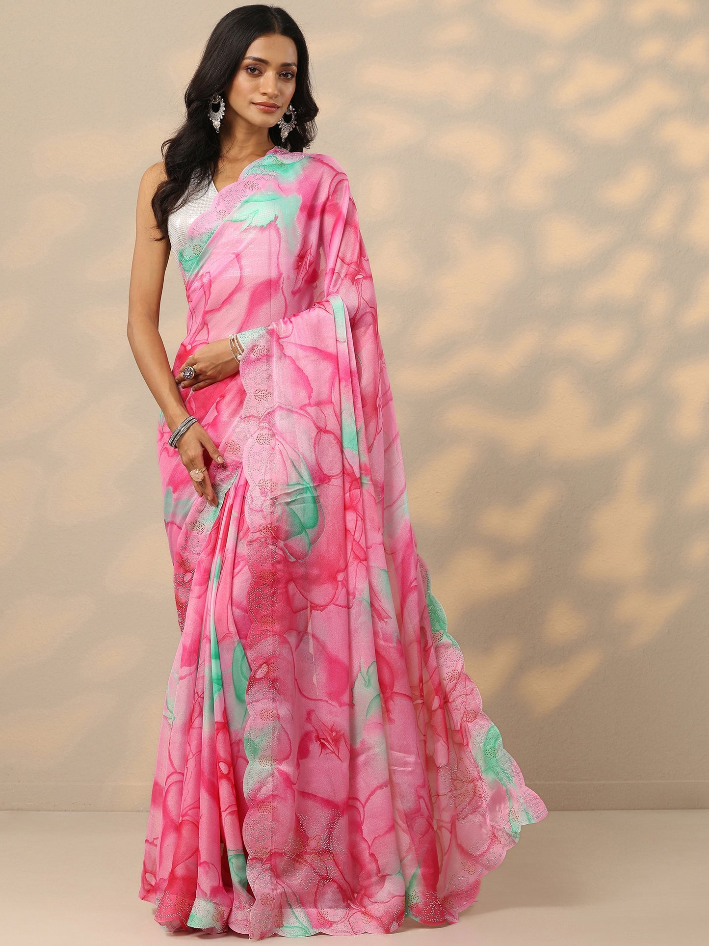 Pink Printed Chinon Saree With Unstitched Blouse Piece