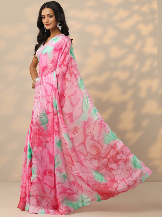 Pink Printed Chinon Saree With Unstitched Blouse Piece