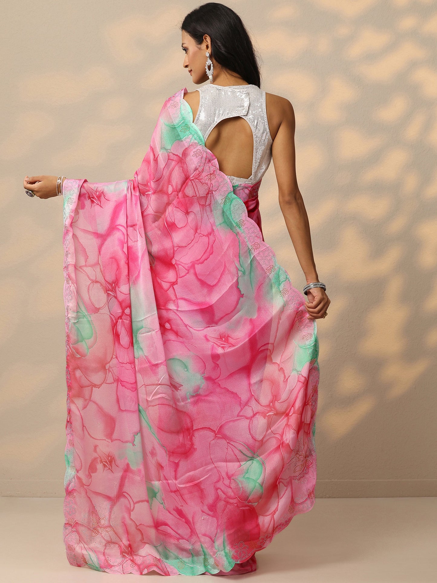 Pink Printed Chinon Saree With Unstitched Blouse Piece