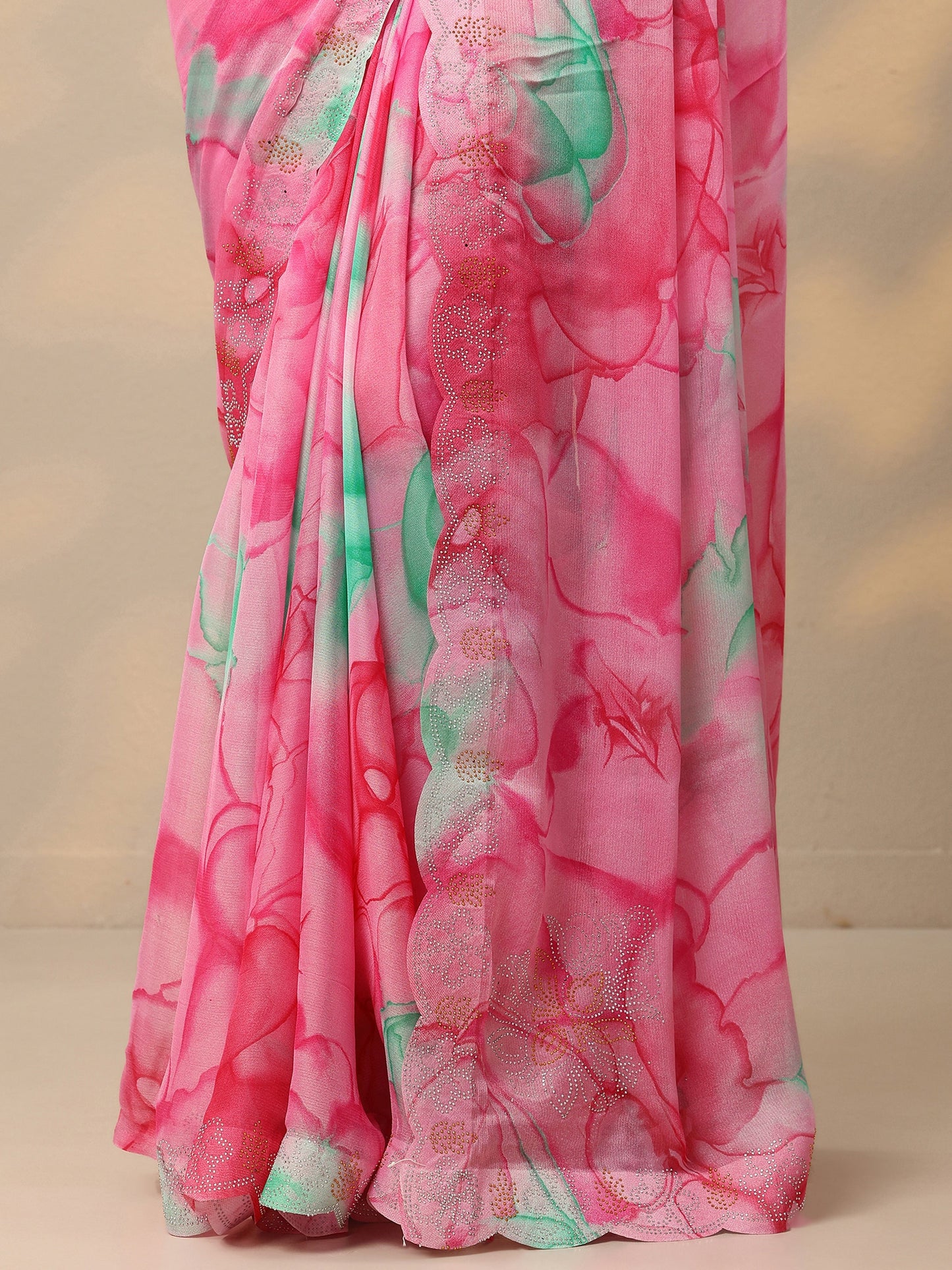 Pink Printed Chinon Saree With Unstitched Blouse Piece